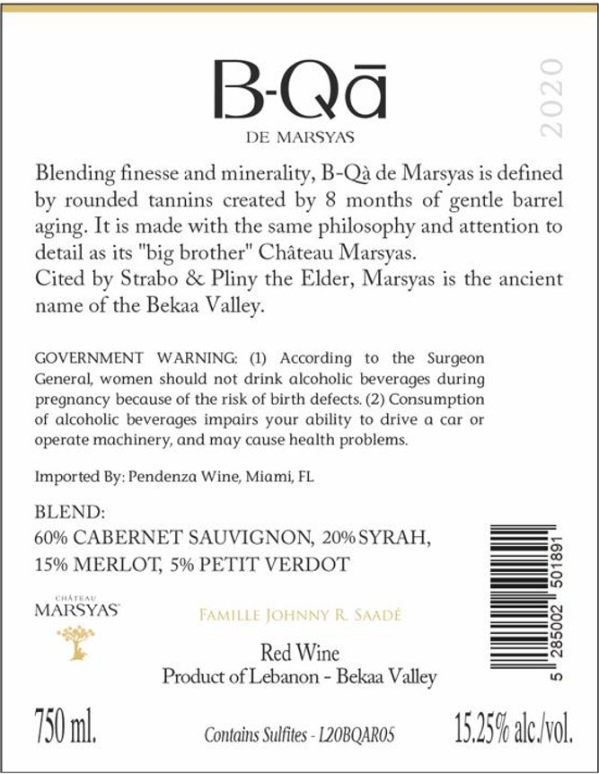 TABC label artwork for B-QA De Marsyas Red Wine 2020 Bekaa Valley