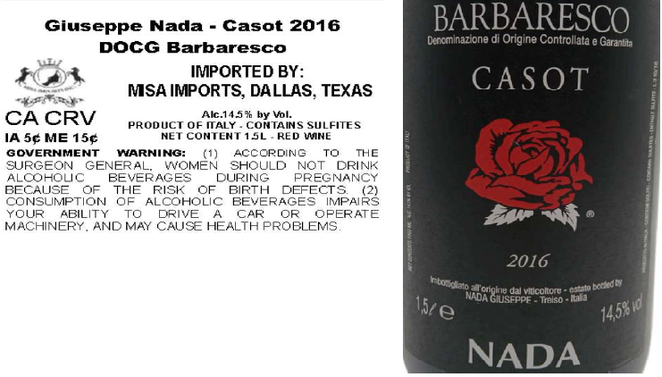TABC label artwork for GIUSEPPE NADA CASOT
