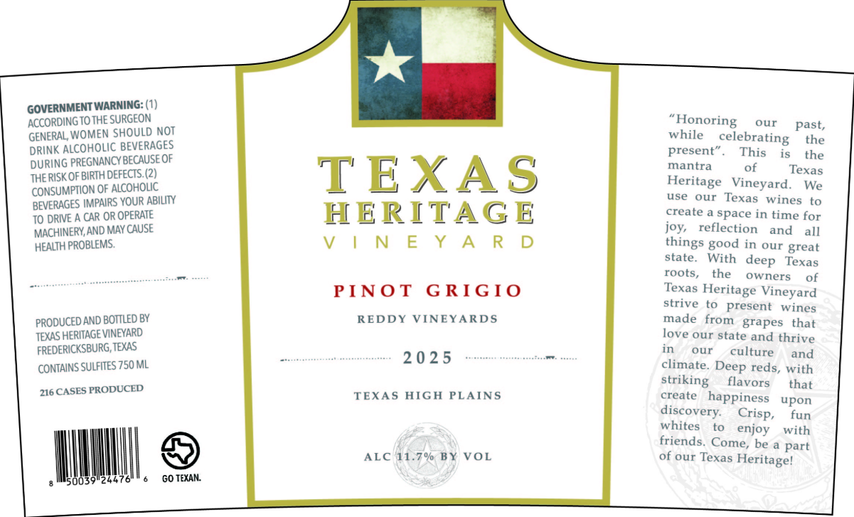 TABC label artwork for TEXAS HERITAGE VINEYARD PINOT GRIGIO 2025