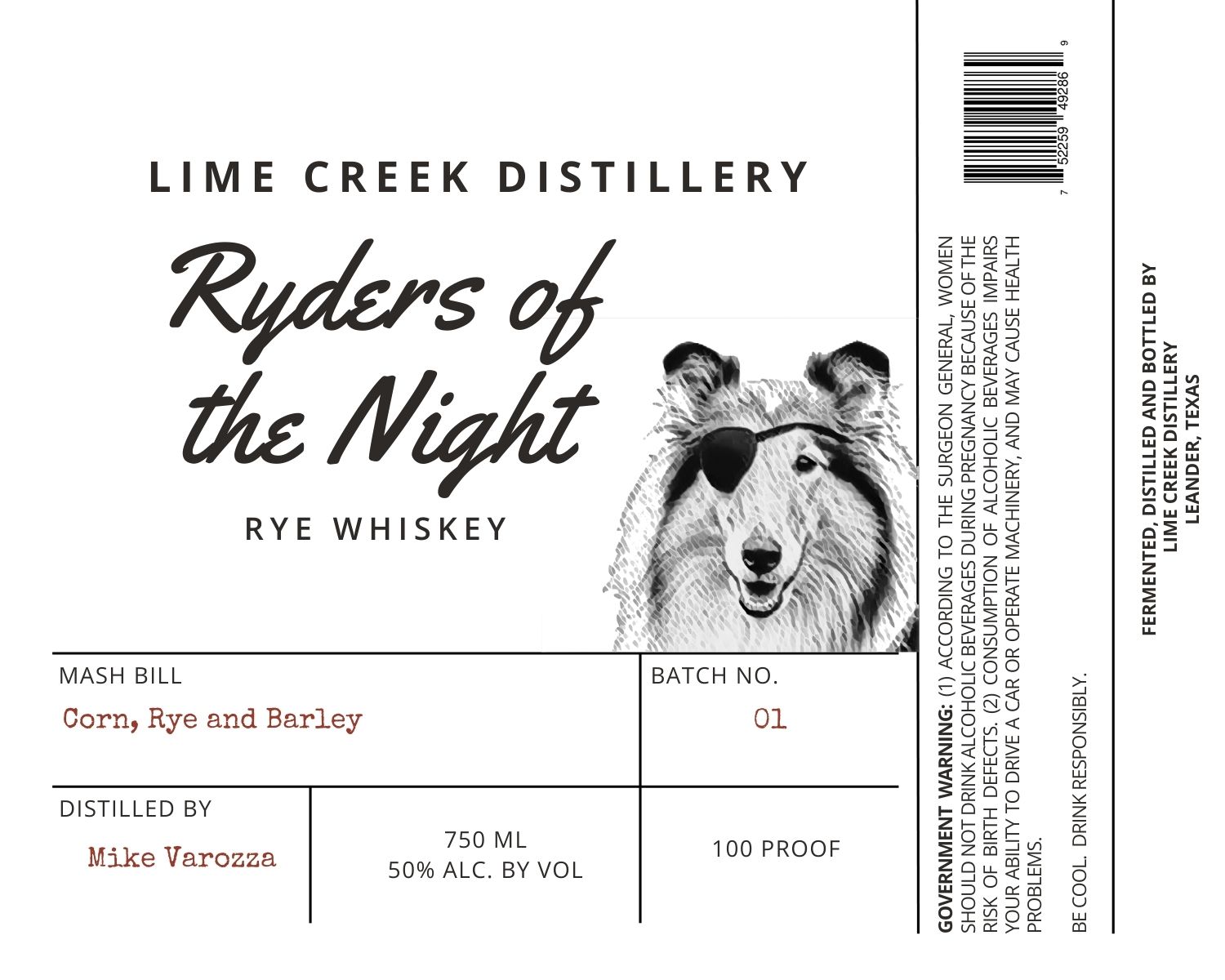 TABC label artwork for LIME CREEK DISTILLERY RYDERS OF THE NIGHT RYE WHISKEY