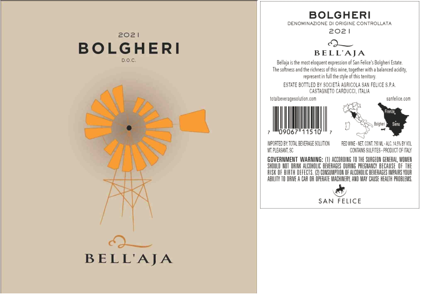 TABC label artwork for San Felice Bell'Aja Bolgheri