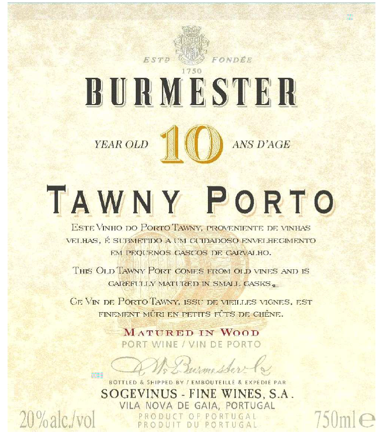TABC label artwork for BURMESTER 10 YEARS OLD PORTO