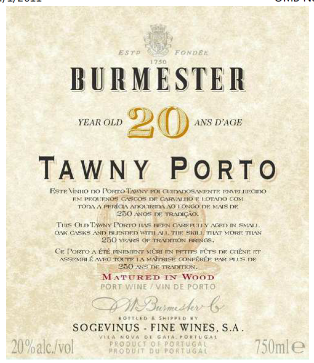 TABC label artwork for BURMESTER 20 YEARS OLD PORTO
