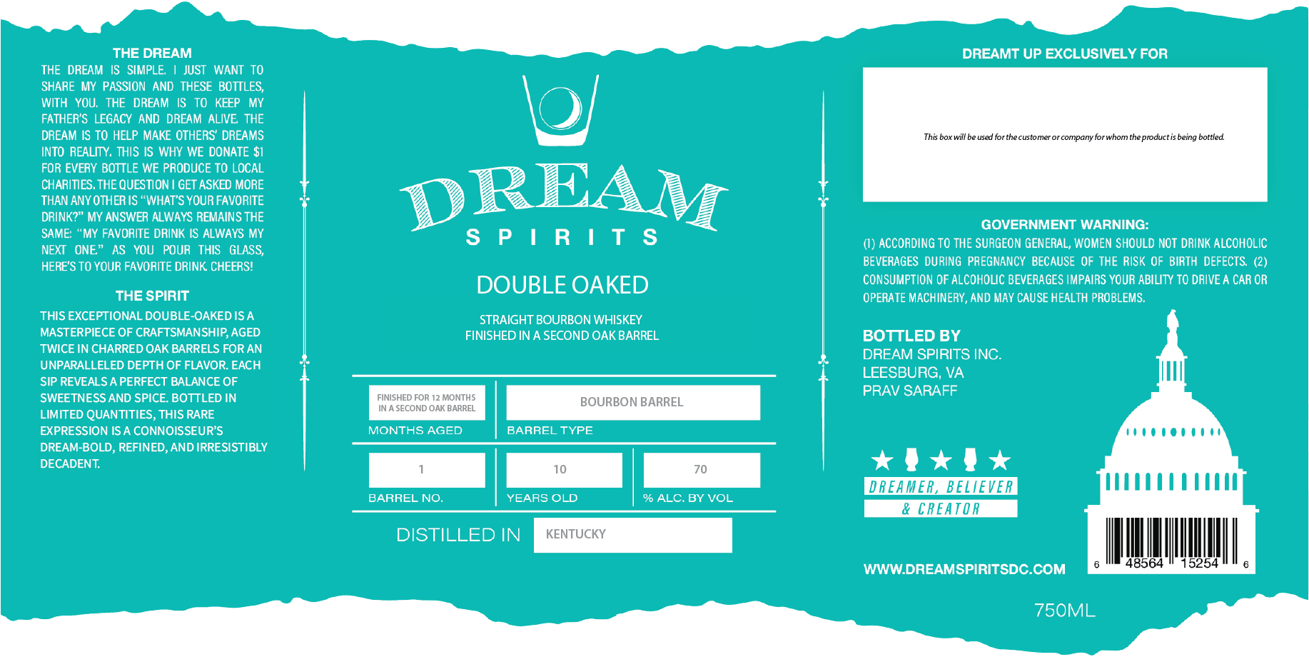 TABC label artwork for Dream Spirits Double Oak Straight Bourbon Whiskey
