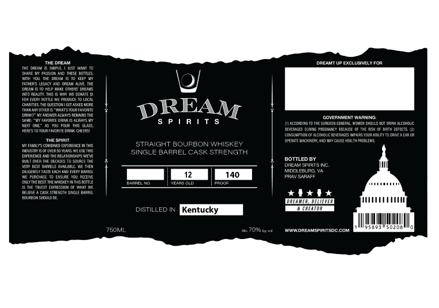 TABC label artwork for Dream Spirits Straight Bourbon Whiskey
