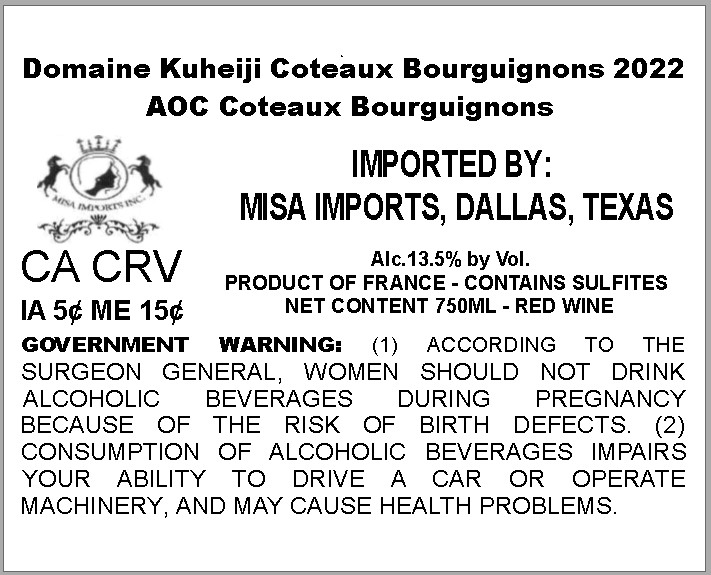 TABC label artwork for DOMAINE KUHEIJI COTEAUX BOURGUIGNONS