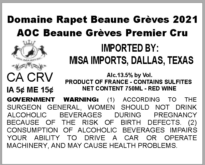 TABC label artwork for DOMAINE RAPET BEAUNE GREVES PREMIER CRU