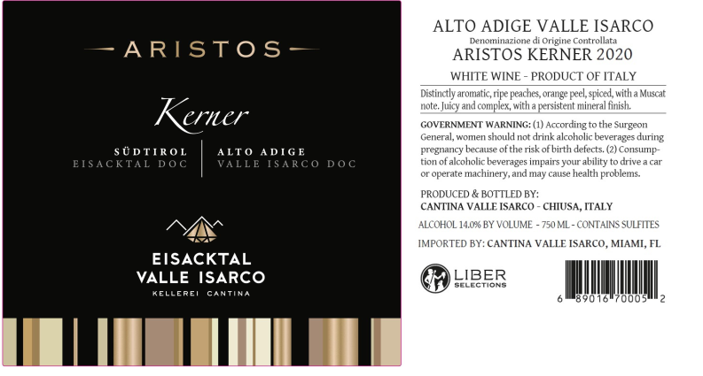 TABC label artwork for Cantina Valle Isarco Aristos Kerner Alto Adige Valle Isarco Doc