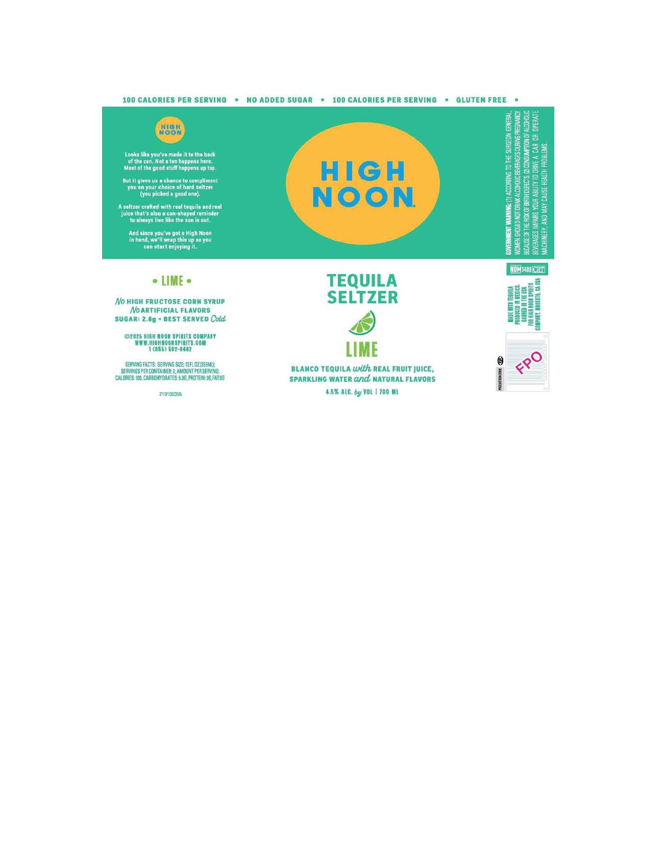 TABC label artwork for High Noon Tequila Seltzer Lime