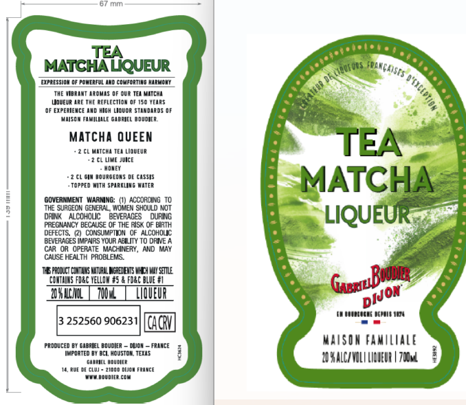 TABC label artwork for Gabriel Boudier Tea Matcha Liqueur
