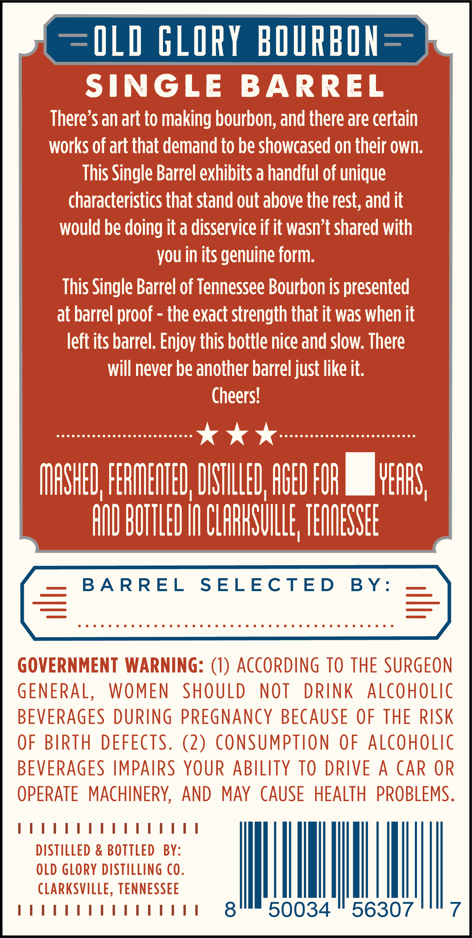 TABC label artwork for OLD GLORY Single Barrel Bourbon