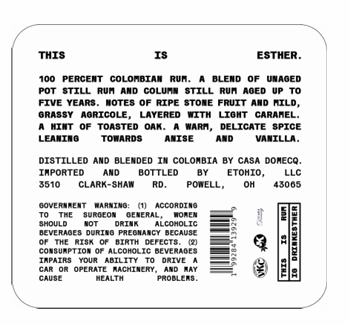 TABC label artwork for ESTHER COLOMBIAN RUM