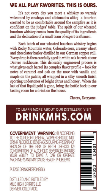 TABC label artwork for FIRESIDE WHEATED BOURBON WHISKEY MILE HIGH