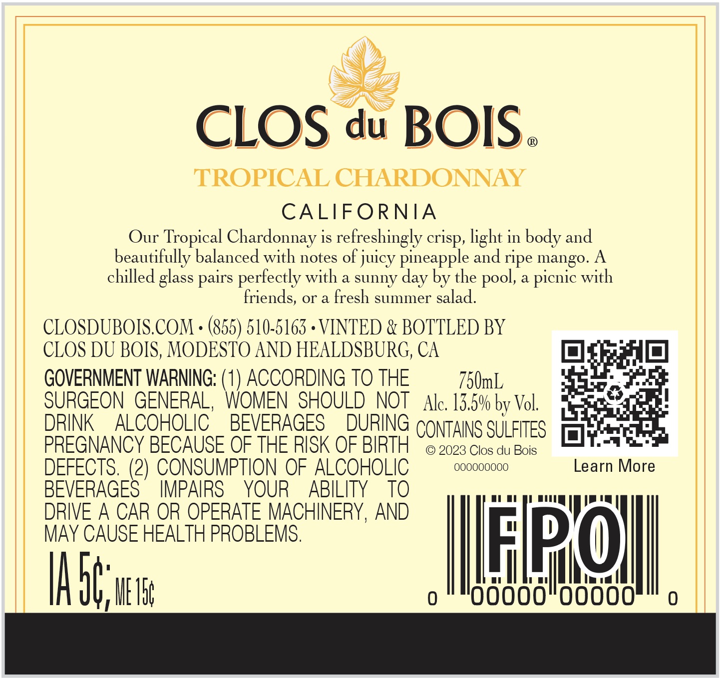TABC label artwork for Clos Du Bois Chardonnay Tropical California