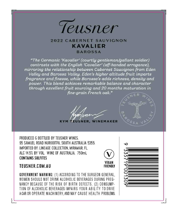 TABC label artwork for Teusner Kavalier Cabernet Sauvignon