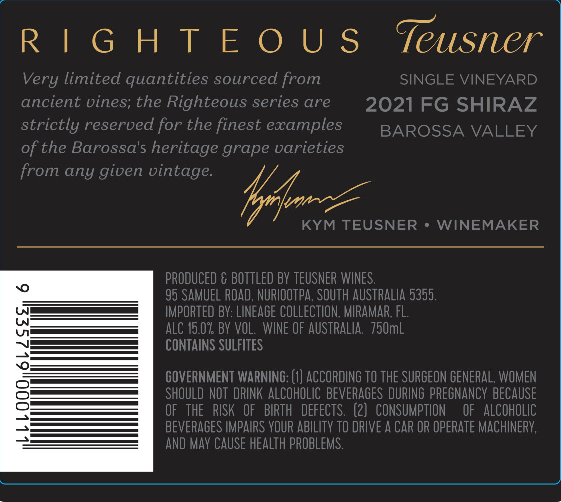 TABC label artwork for Teusner Righteous Shiraz