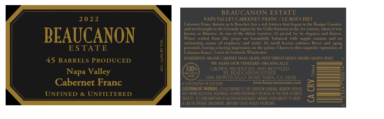 TABC label artwork for BEAUCANON ESTATE NAPA VALLEY CABERNET FRANC