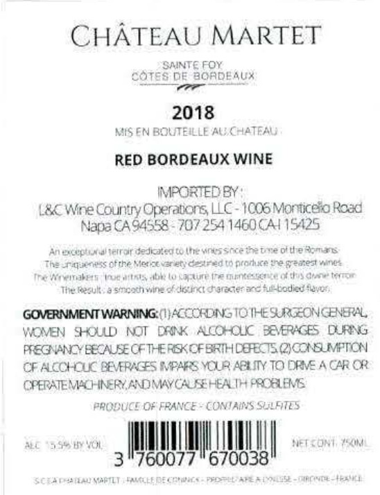 TABC label artwork for CHATEAU MARTET SAINTE FOY COTES DE BORDEAUX MERLOT