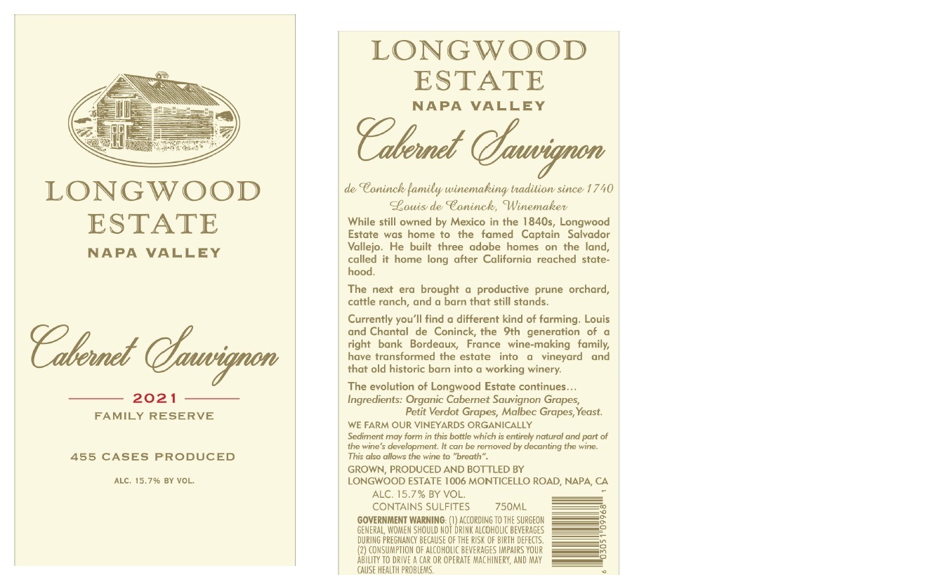 TABC label artwork for LONGWOOD ESTATE NAPA VALLEY CABERNET SAUVIGNON