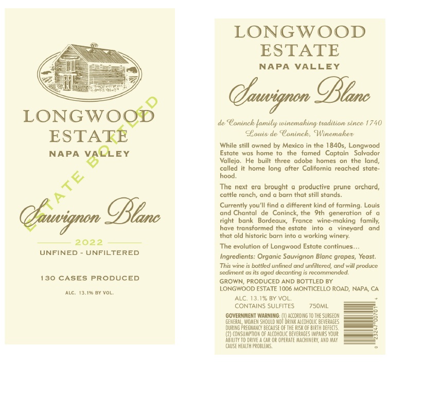 TABC label artwork for LONGWOOD ESTATE NAPA VALLEY SAUVIGNON BLANC (ESTATE BOTTLED)