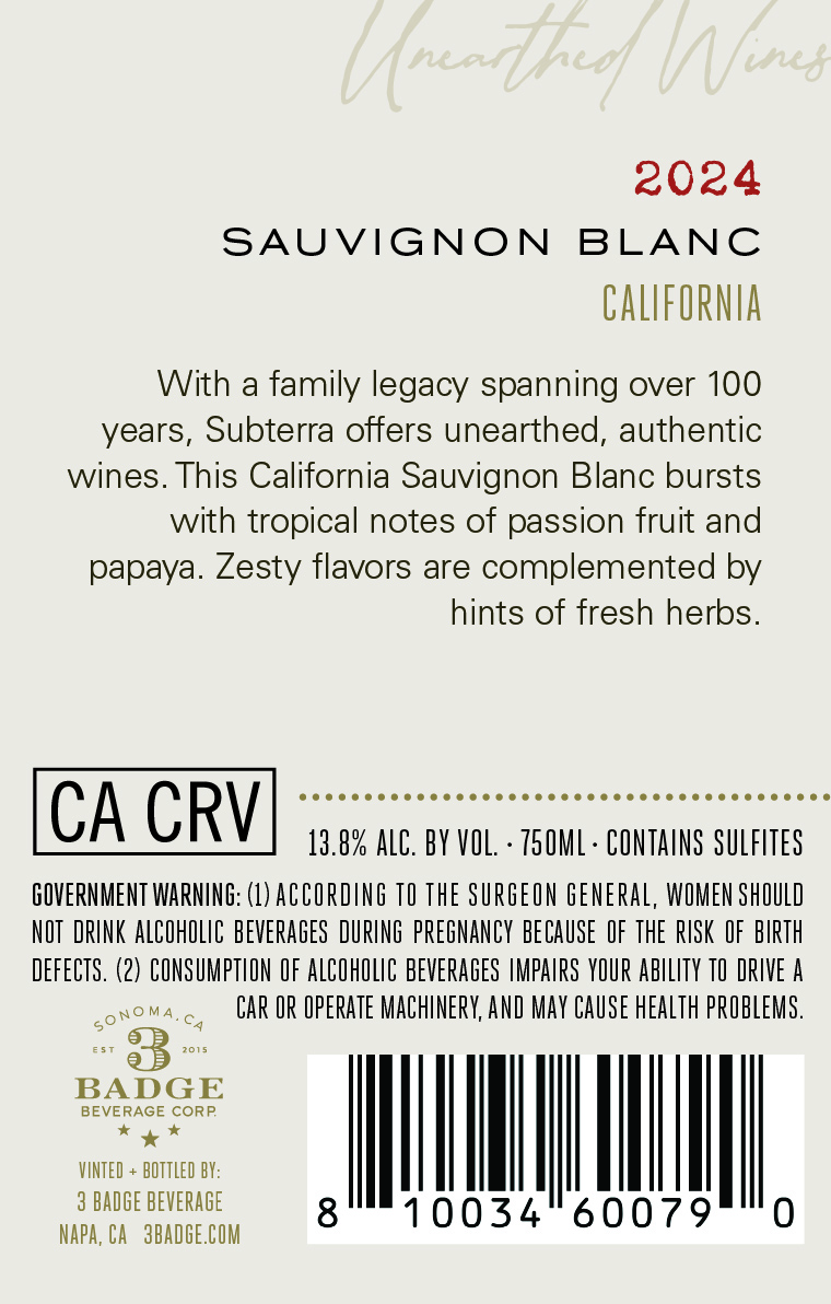 TABC label artwork for Subterra Sauvignon Blanc