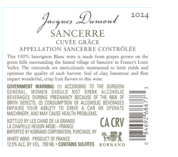 TABC label artwork for Jacques Dumont Sancerre Cuvee Grace