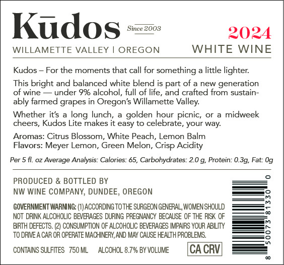 TABC label artwork for Kudos Light 2024 White Blend