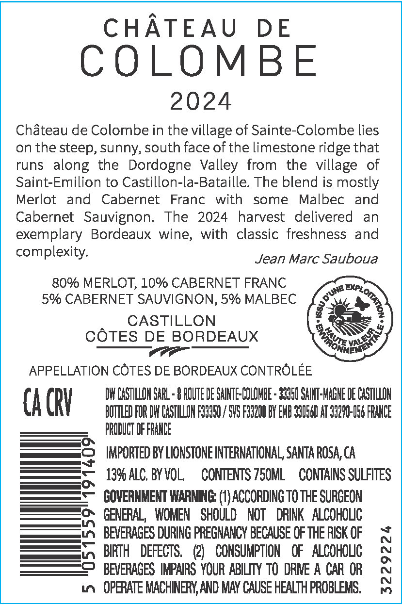 TABC label artwork for Chateau de Colombe Castillon Cotes de Bordeaux Merlot, Cabernet Franc, Cabernet Sauvignon, Malbec