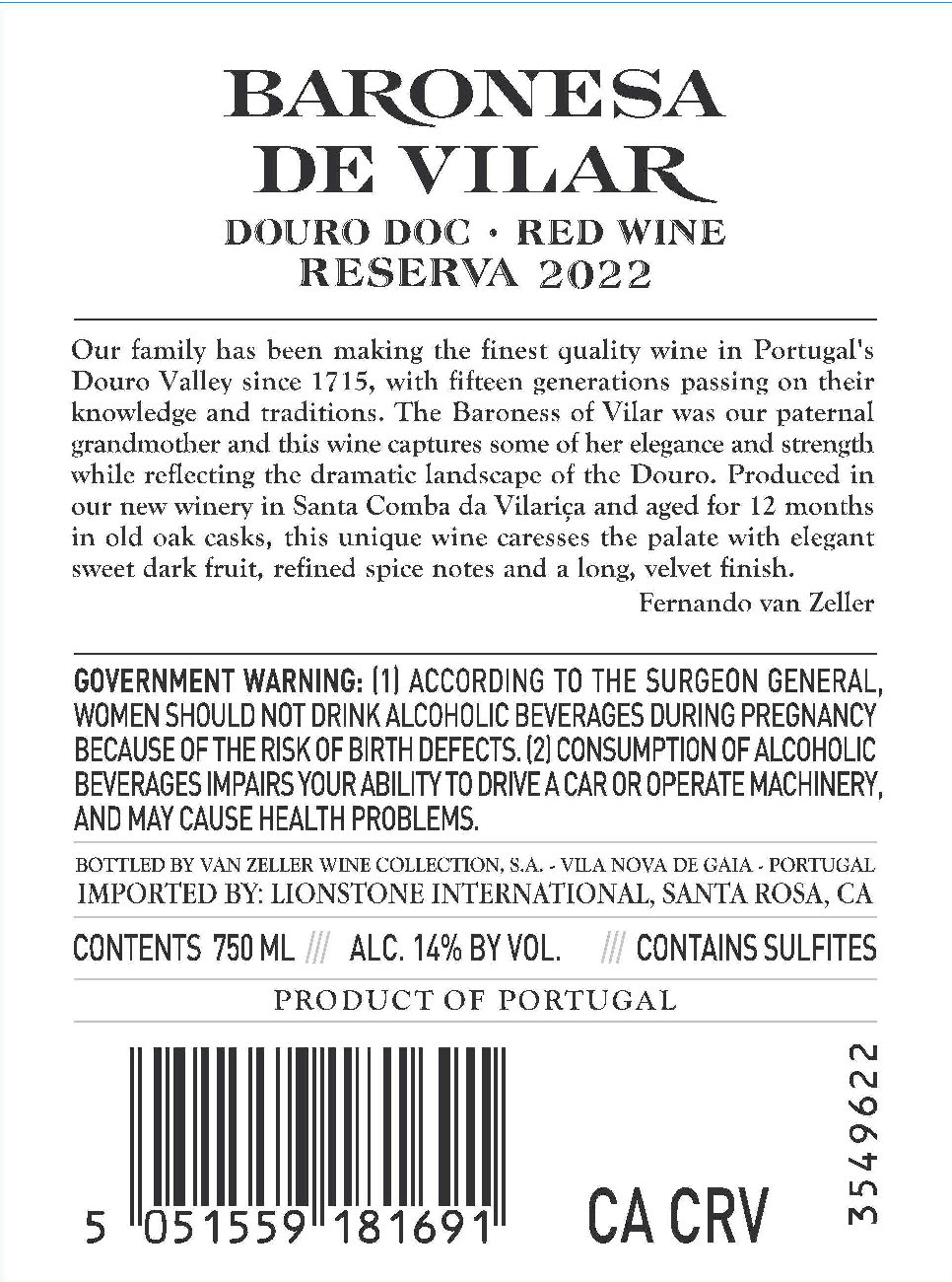 TABC label artwork for Baronesa de Vilar Reserva Port Finish Douro Red Wine, Portugal