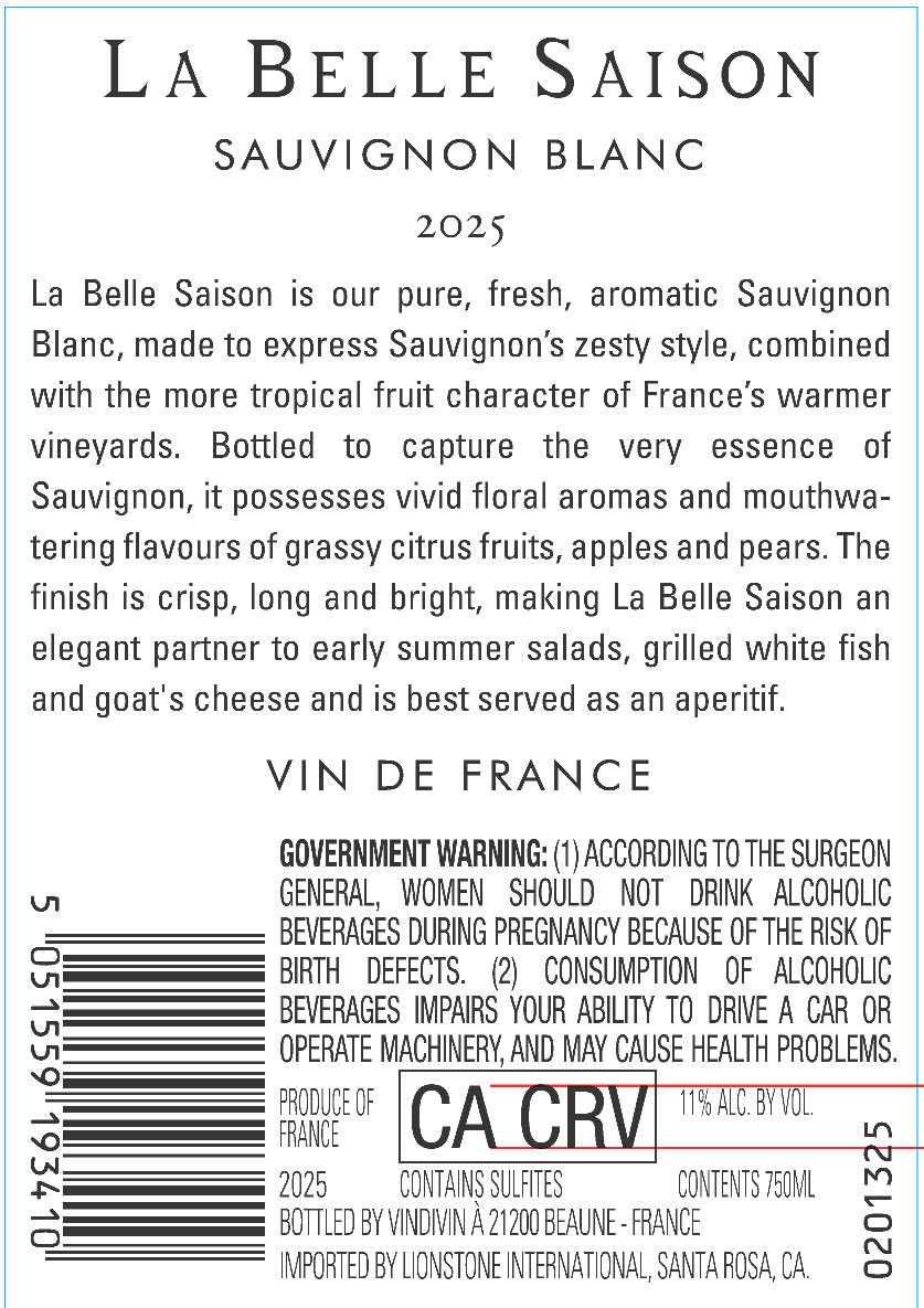 TABC label artwork for La Belle Saison Sauvignon Blanc Vin de France