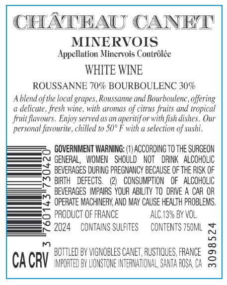 TABC label artwork for Chateau Canet Vieilles Vignes Minervois Roussanne, Bourboulenc, France