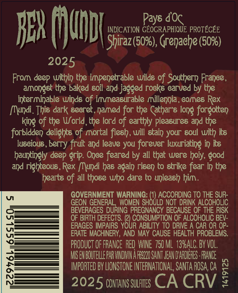 TABC label artwork for Rex Mundi Pays d'Oc Shiraz, Grenache Red Wine, France