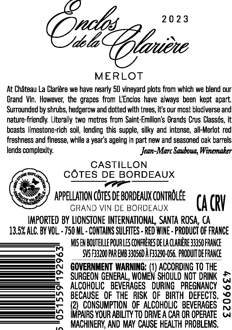 TABC label artwork for Enclos de la Clariere Castillon Cotes de Bordeaux Merlot, France
