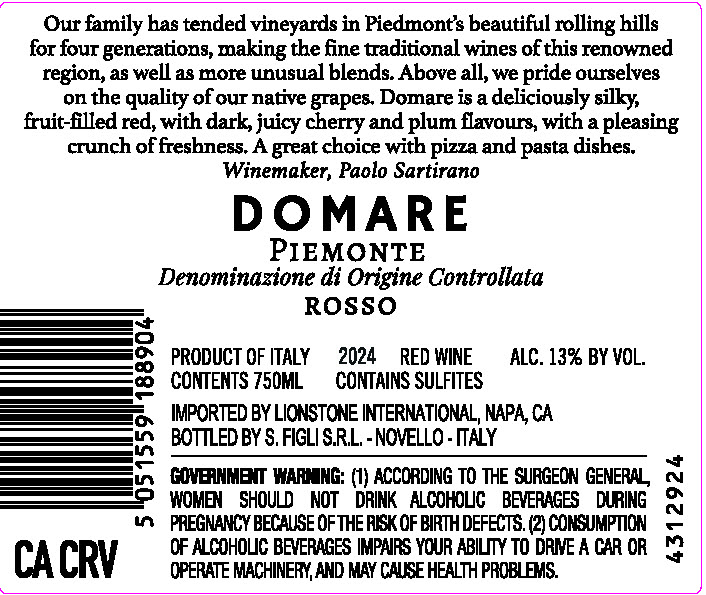 TABC label artwork for Domare Piemonte Rosso Red Wine, Italy
