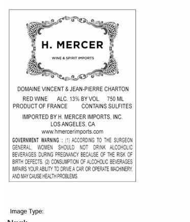 TABC label artwork for VINCENT & JEAN PIERRE CHARTON MERCUREY 1ER CRU LA CHASSIERE