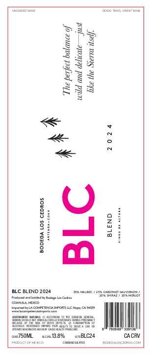 TABC label artwork for Bodega Los Cedros "BLC" Red Wine