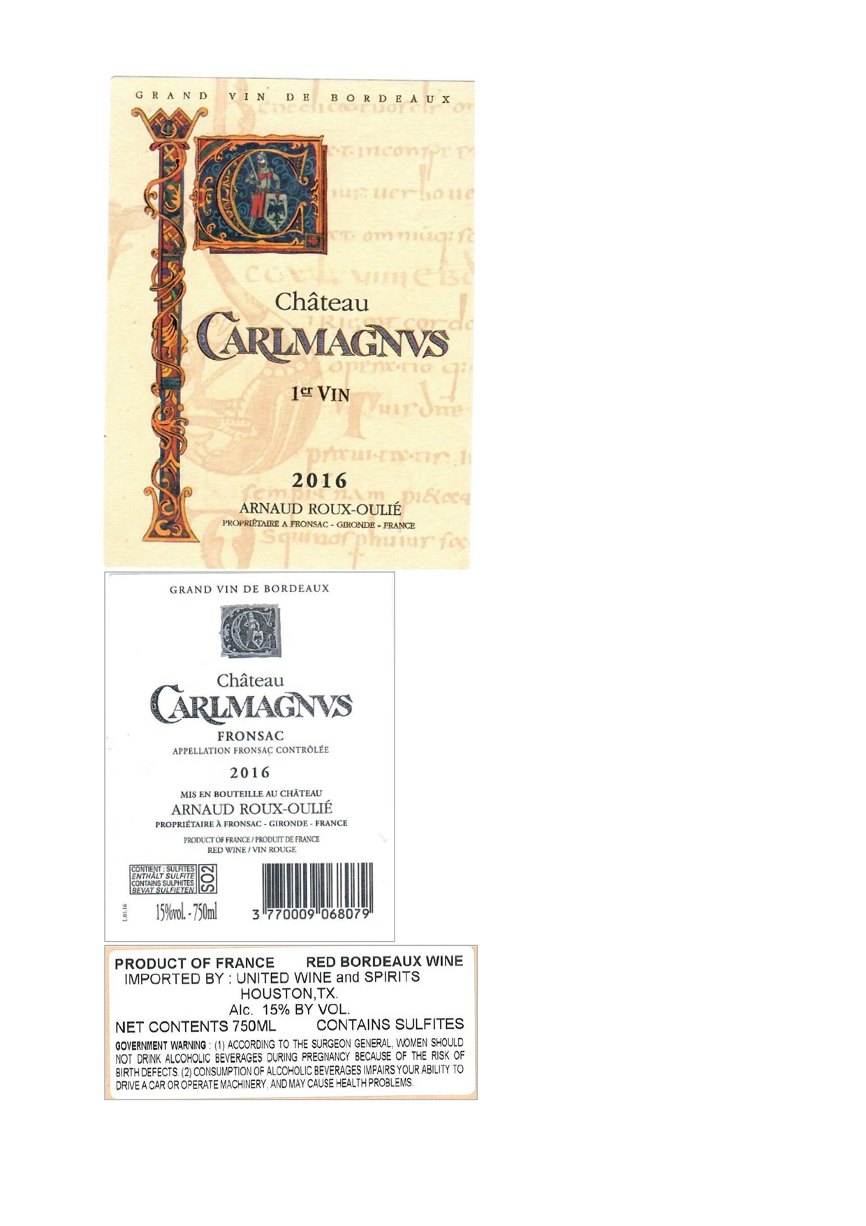 TABC label artwork for Chateau Carlmagnus Red Bordeaux Fronsac