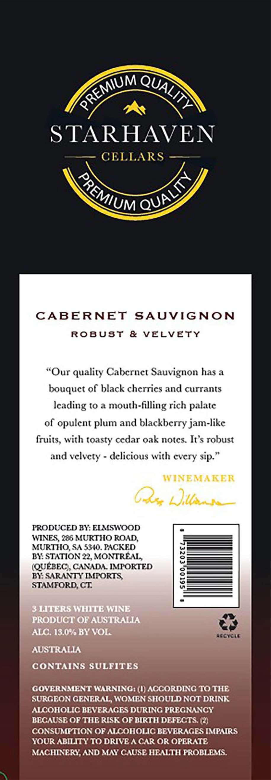 TABC label artwork for Starhaven Cellars Cabernet Sauvignon