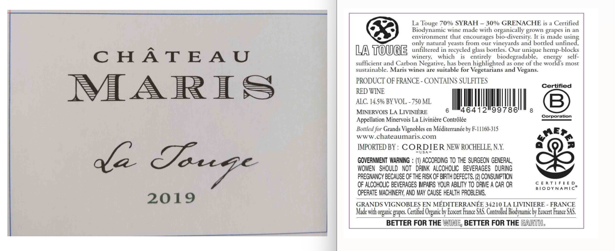TABC label artwork for Chateau Maris La Touge Syrah