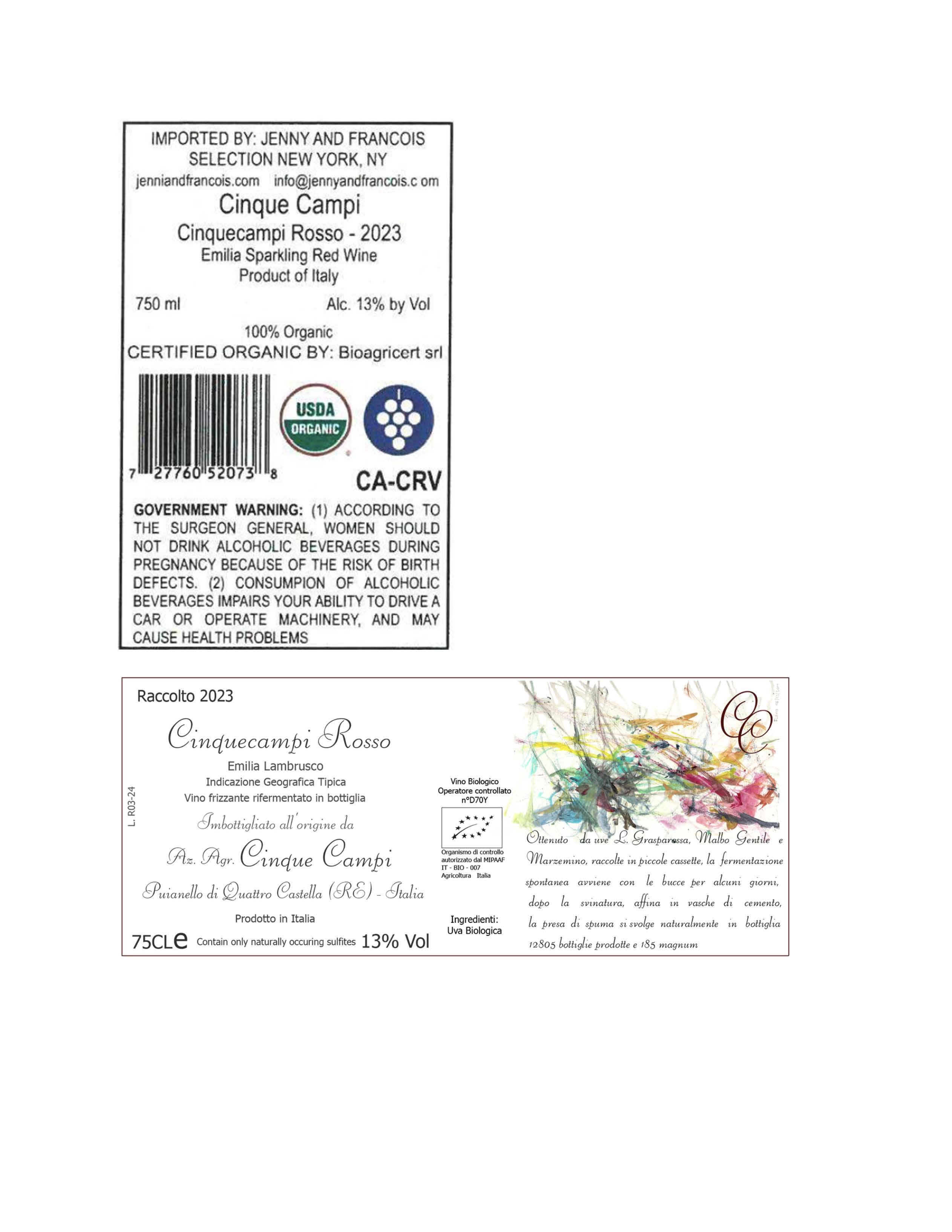 TABC label artwork for Cinque Campi, Lambrusco Rosso ORG 2023