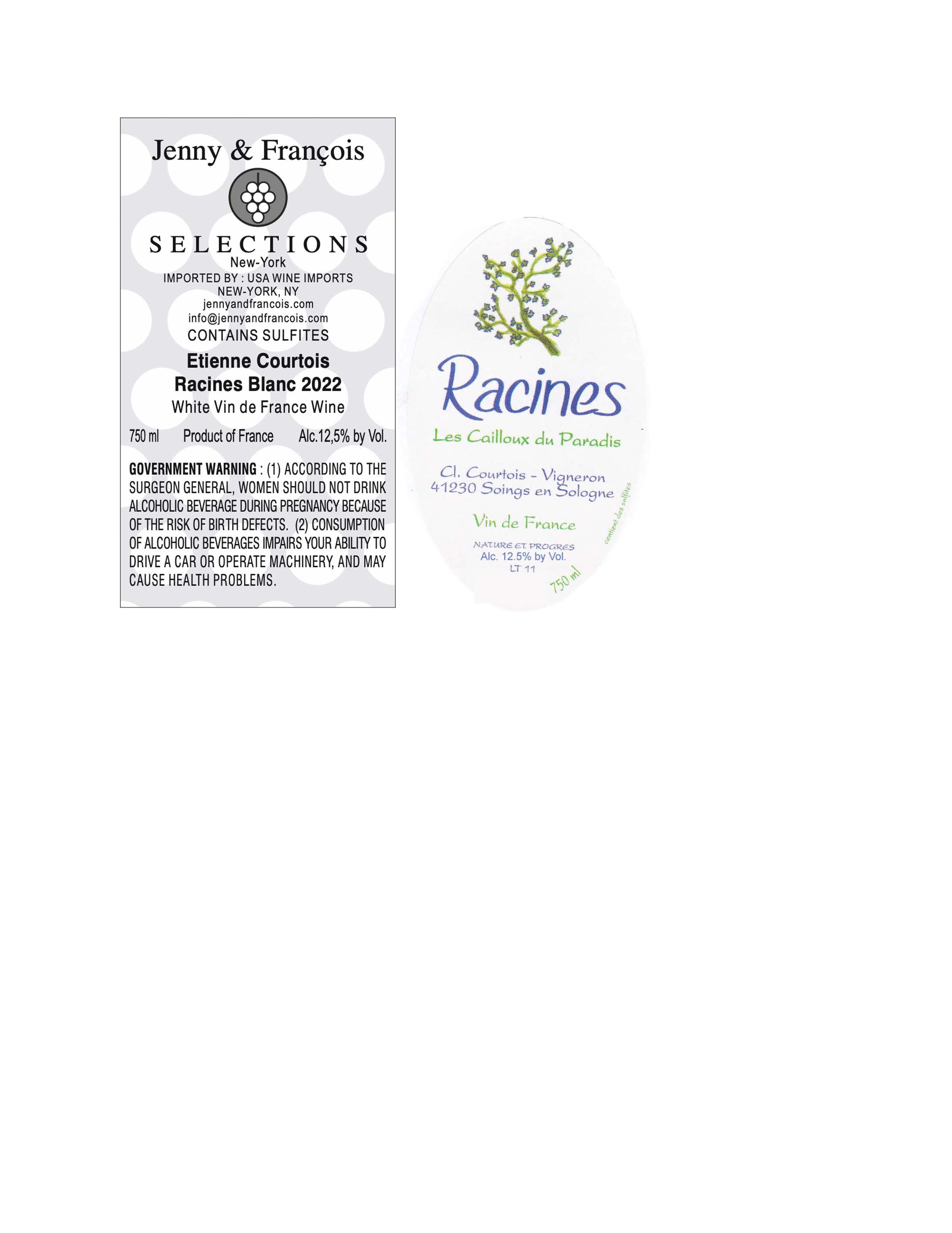 TABC label artwork for Etienne Courtois, Racines Blanc