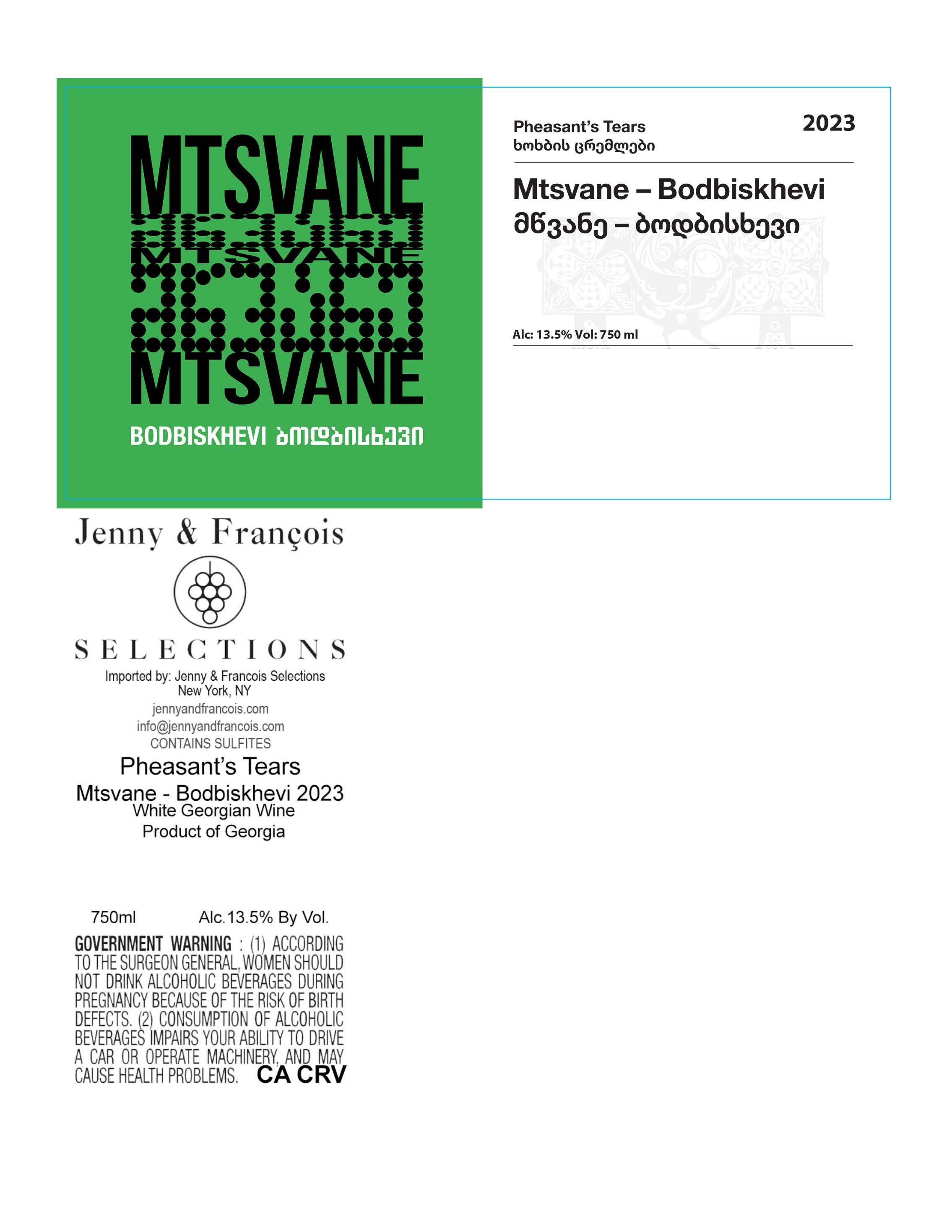 TABC label artwork for Pheasant`s Tears, Mtsvane Bodbiskhevi