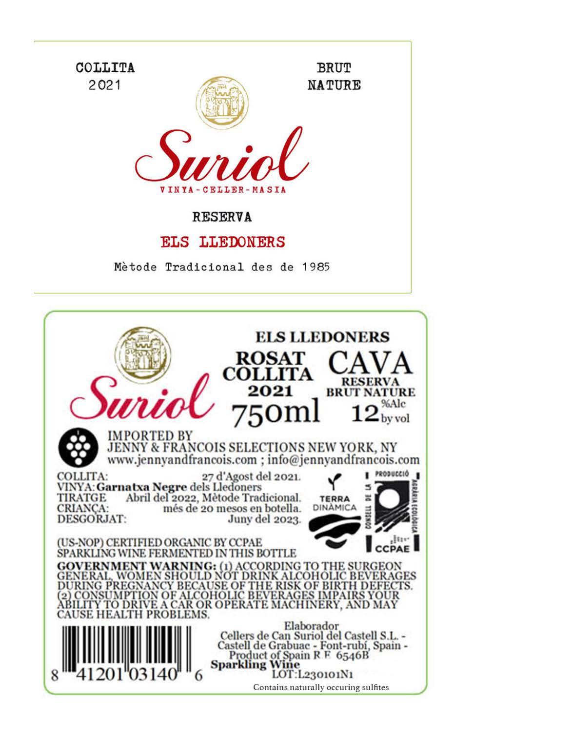 TABC label artwork for Suriol, Els Lledoners Brut Nature Reserva