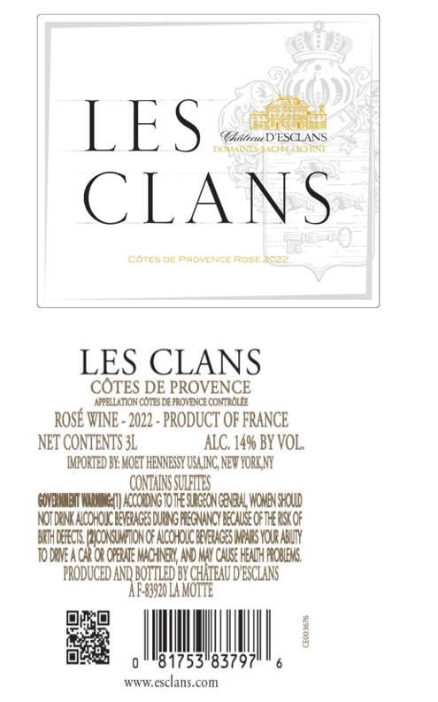 TABC label artwork for Les Clans CDP Rose 3L 2022