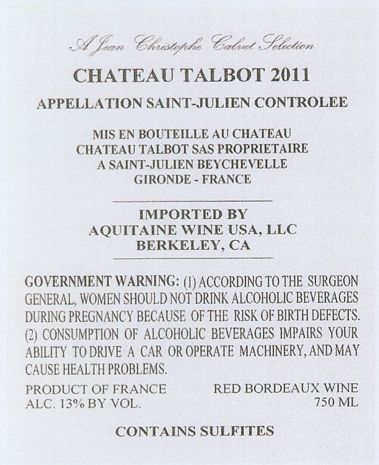 TABC label artwork for Chateau Talbot Red Bordeaux Saint-Julien