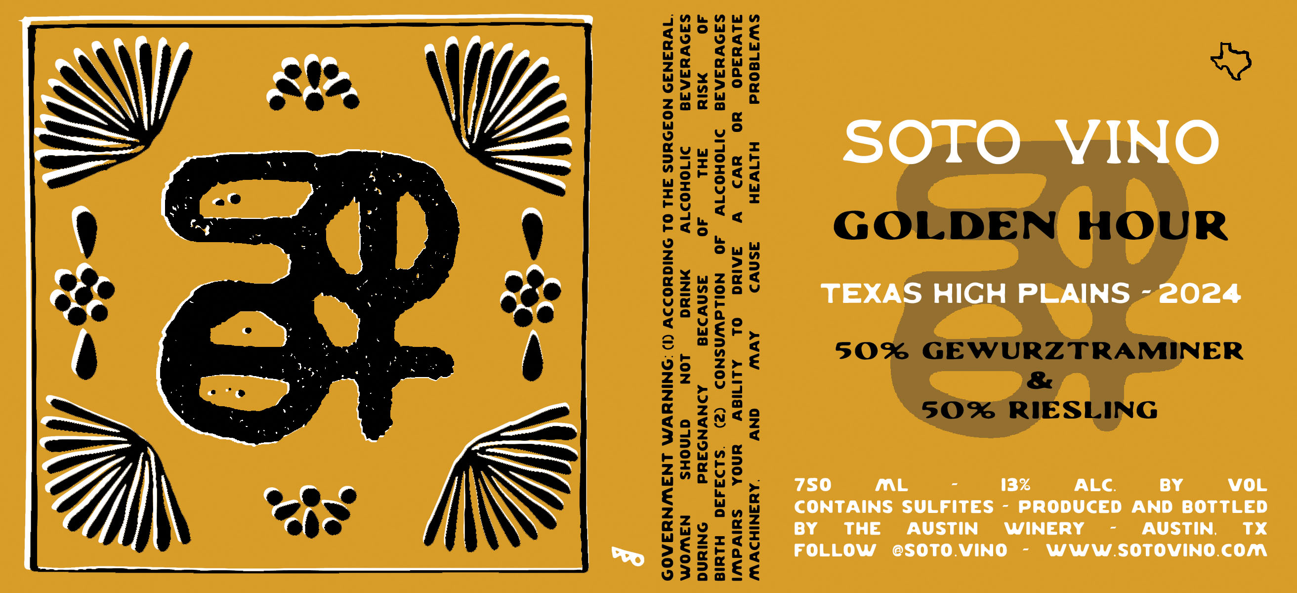 TABC label artwork for Soto Vino Golden Hour Gewurztraminer, Riesling Texas High Plains