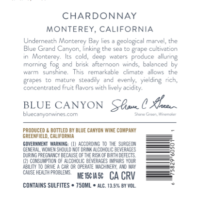 TABC label artwork for Blue Canyon Chardonnay Monterey