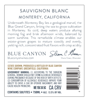 TABC label artwork for Blue Canyon Sauvignon Blanc
