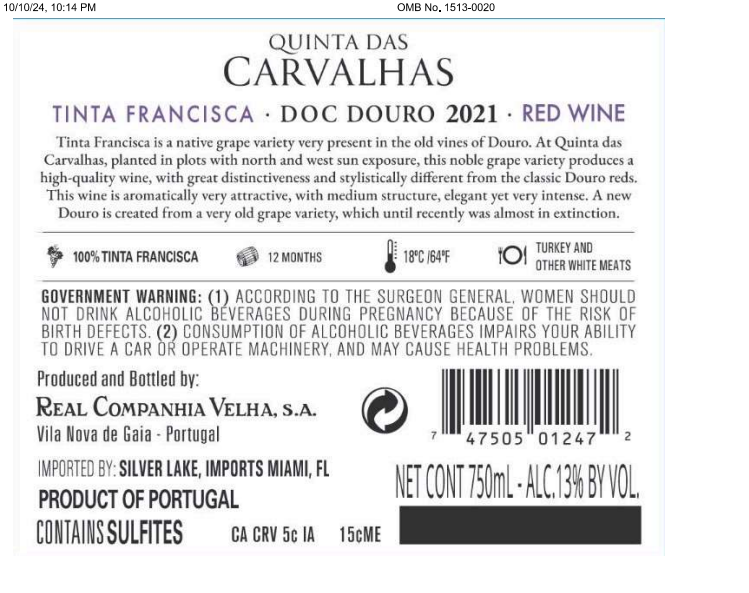 TABC label artwork for Quinta das Carvalhas Tinta Francisca Douro