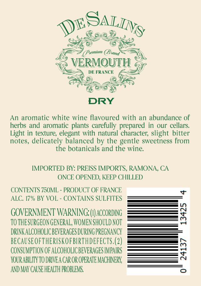 TABC label artwork for DeSalins Vermouth Dry